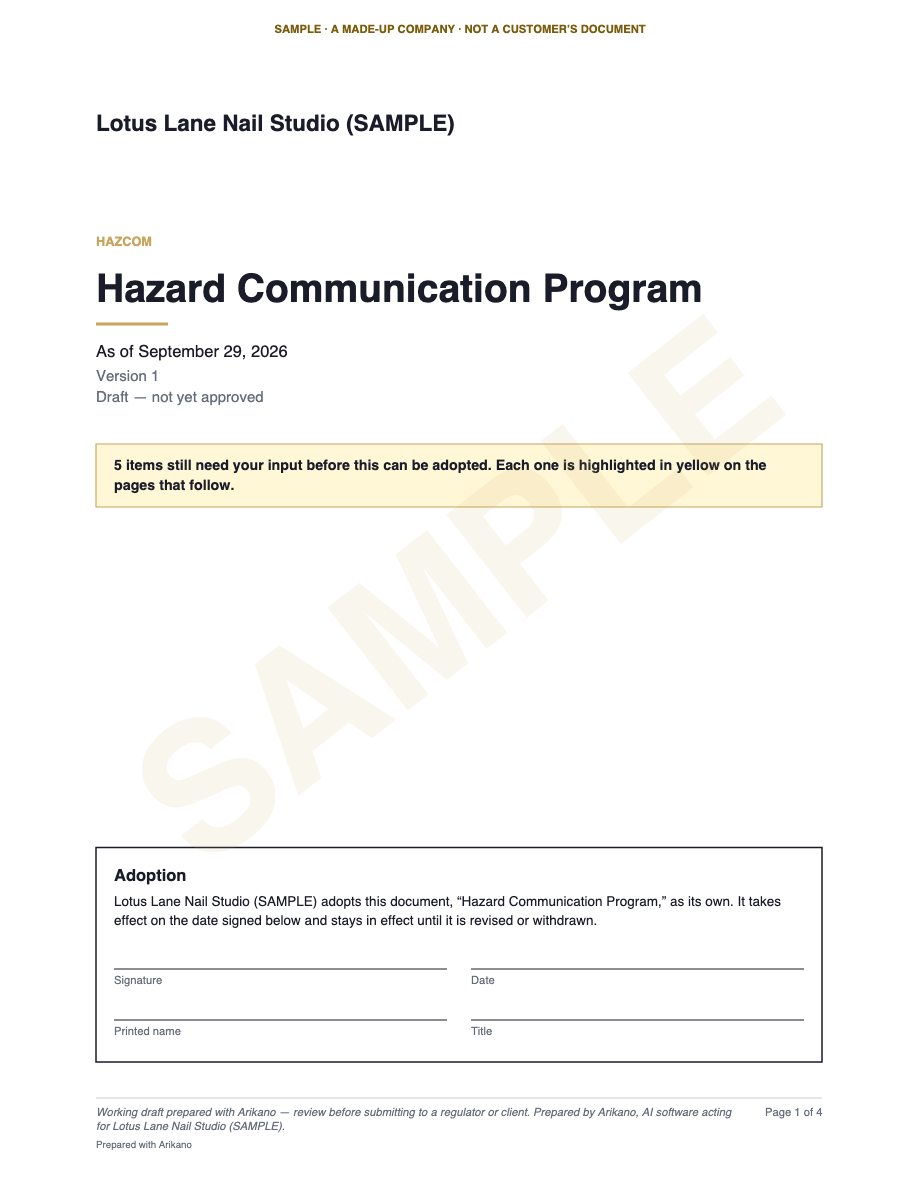 Page 1 of the sample: the cover, with the company name, the title, “Draft — not yet approved”, a note that 5 items need the owner’s input, and an empty adoption and signature block. Opens the sample PDF.
