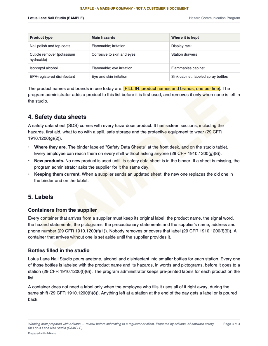 Page 3 of the sample: the chemical list, safety data sheets and labels, each paragraph citing 29 CFR 1910.1200, with one blank highlighted in yellow for the owner to fill in. Opens the sample PDF.